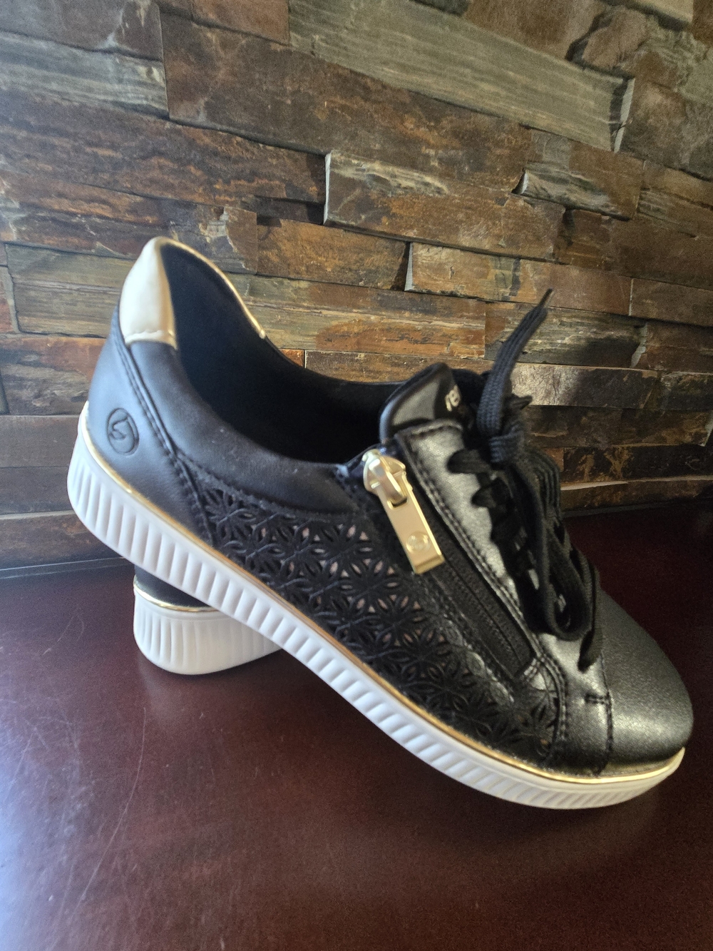 Remonte Womens Black Sneakers with Gold Trim - Comfort Casual